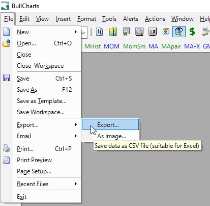 BullCharts menu: File > Export > Export